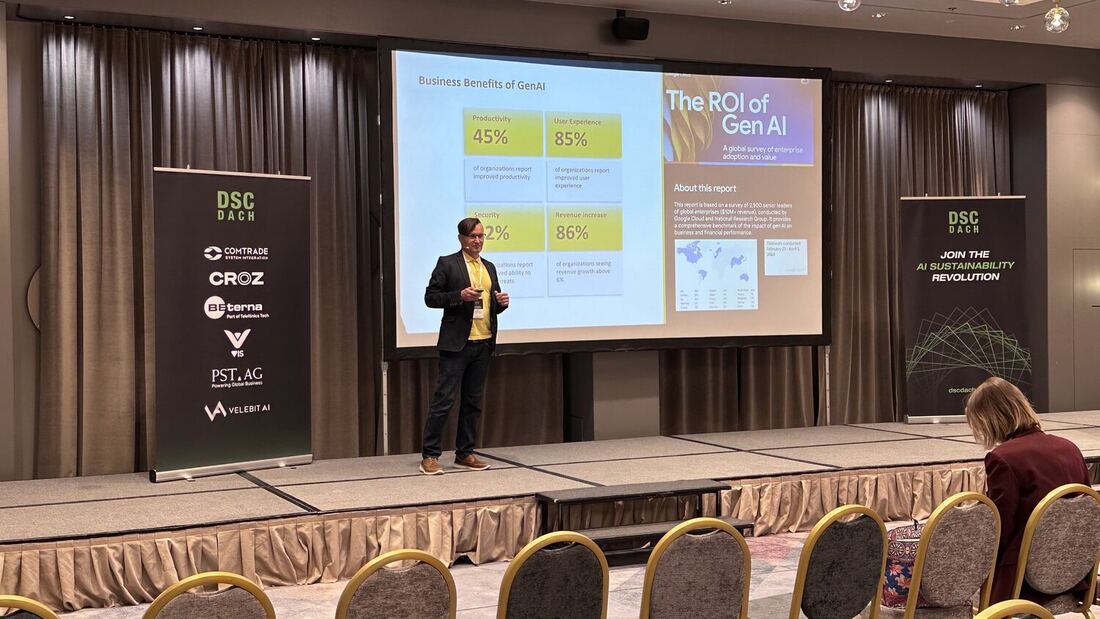 A speaker points at a slide headed The ROI of Gen AI showing percentage figures for business benefits.