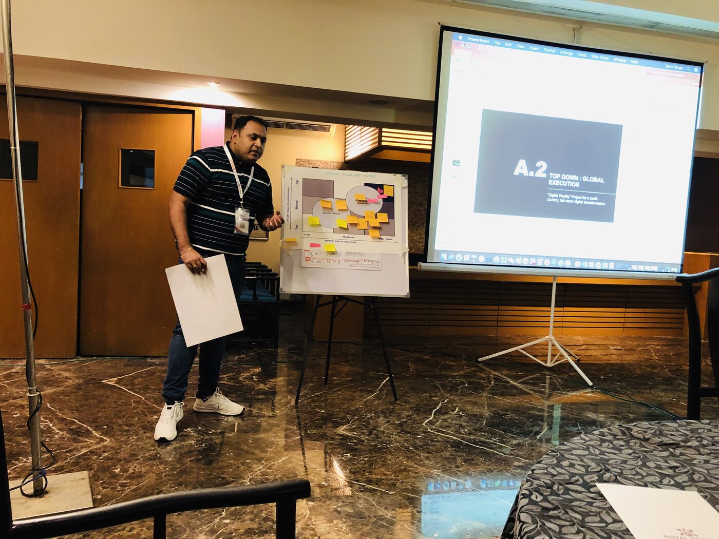 A participant presents at the flip chart while the projected slide behind him reads A.2 Top down: global execution, a multi-country, full-stack digital transformation.