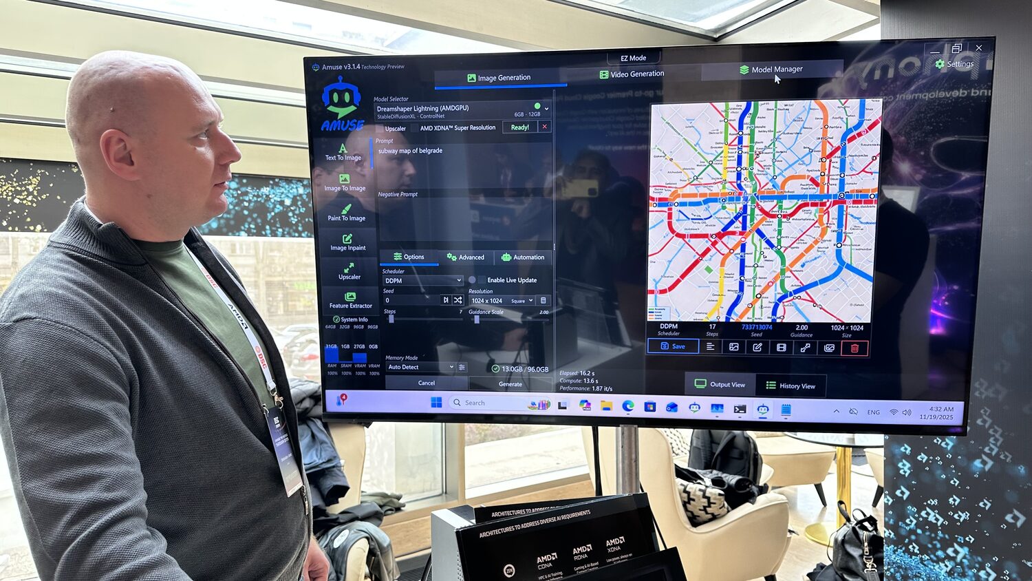 Man watching a large screen running Amuse image generation with the prompt subway map of belgrade and a coloured transit map as output.