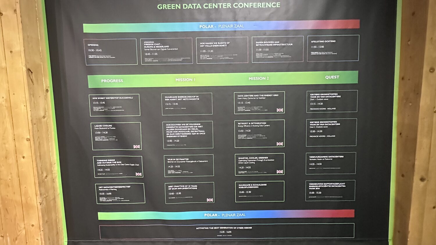 The Green Data Center Conference programme board, the plenary hall marked Polar and four side tracks named Progress, Mission 1, Mission 2 and Quest.