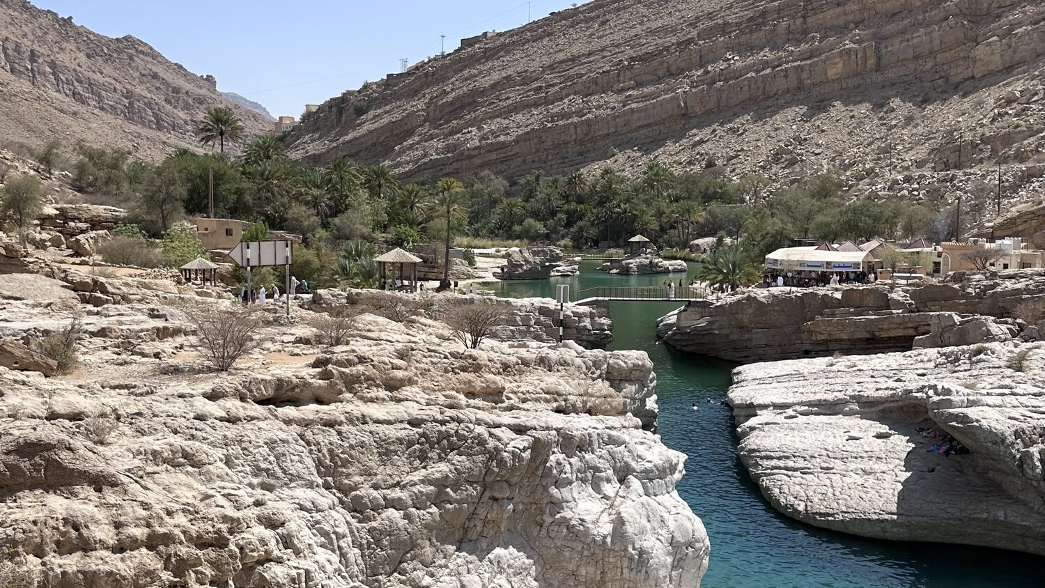 Wadi Bani Khalid: turquoise water held between limestone walls, date palms along the bank.
