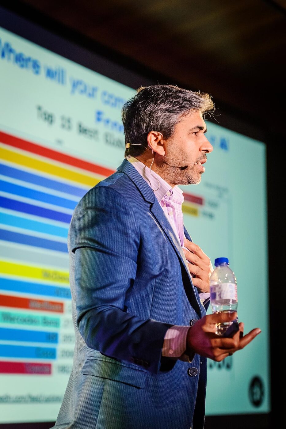 Tarry Singh in profile, wearing a headset microphone, presenting in front of a bar chart slide asking where your company will be in the AI economy.