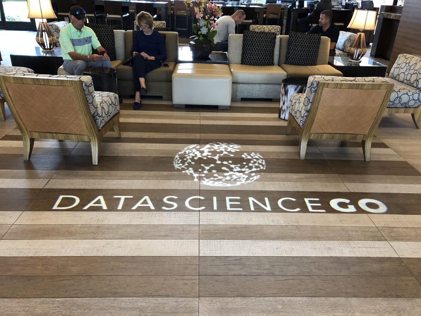 The DataScienceGO logo projected as a gobo onto the timber wall of the conference hotel lobby, delegates seated below.