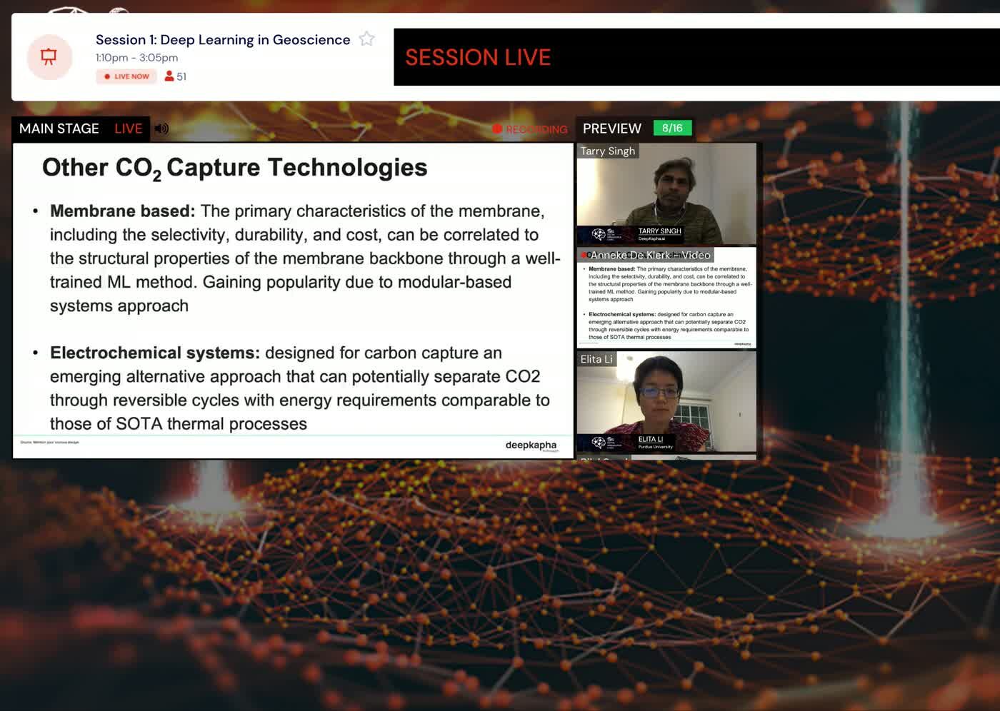The live SEG session in progress. A slide headed Other CO2 Capture Technologies fills the main stage, with the speaker to camera in the panel strip on the right.