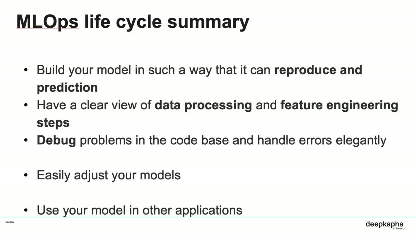 Slide titled MLOps life cycle summary, listing reproducible prediction, visible data processing and feature engineering steps, proper debugging, easy adjustment and reuse of the model.