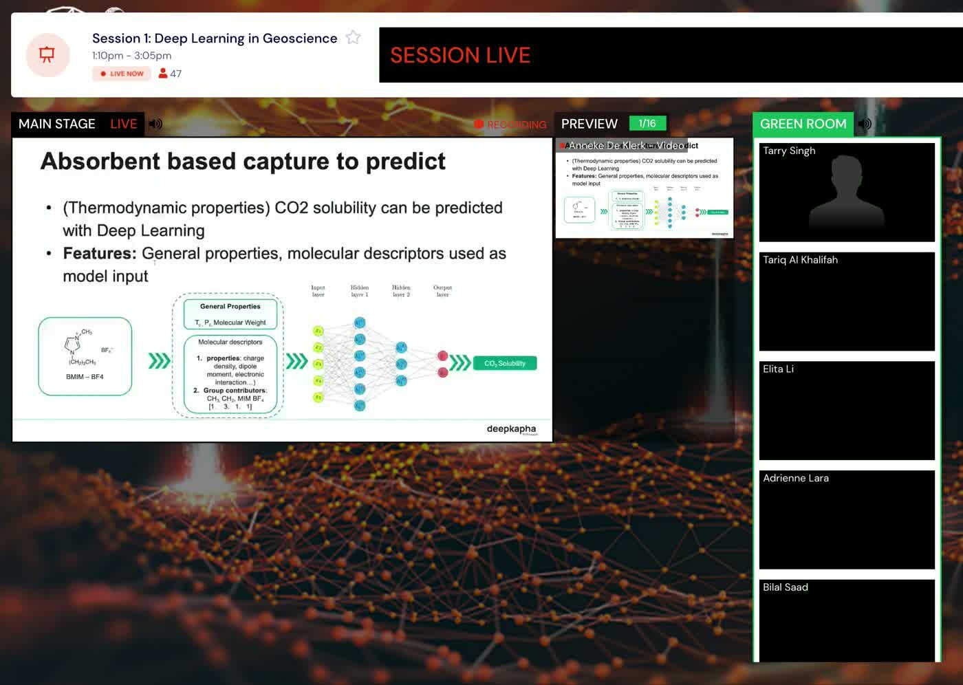 The SEG broadcast platform mid-session: main stage, preview pane and green room panel, with the session marked live and a slide on the stage.
