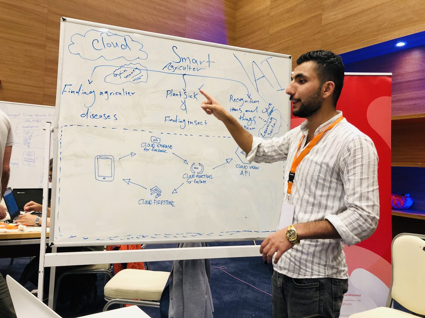 A participant points at a whiteboard diagram of a smart agriculture pipeline running on Firebase cloud storage, cloud functions and the Cloud Vision API, for finding plant disease and insects.