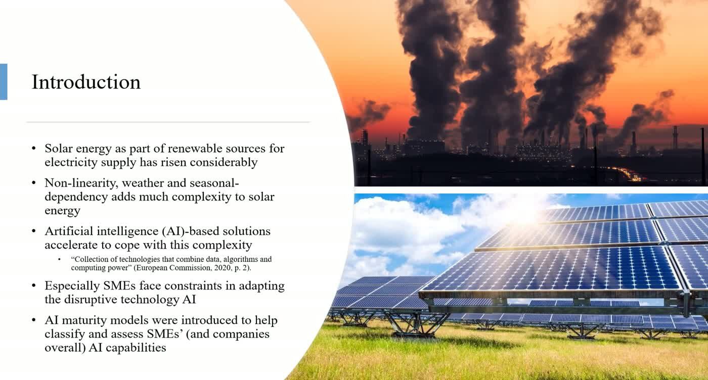Introduction slide listing solar energy complexity and SME constraints in adopting AI, set beside photographs of a coal stack at sunset and a solar array in a green field.