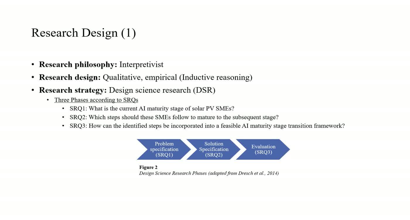 Research Design slide listing an interpretivist philosophy, a qualitative empirical design and a design science research strategy, with a three-phase DSR diagram.