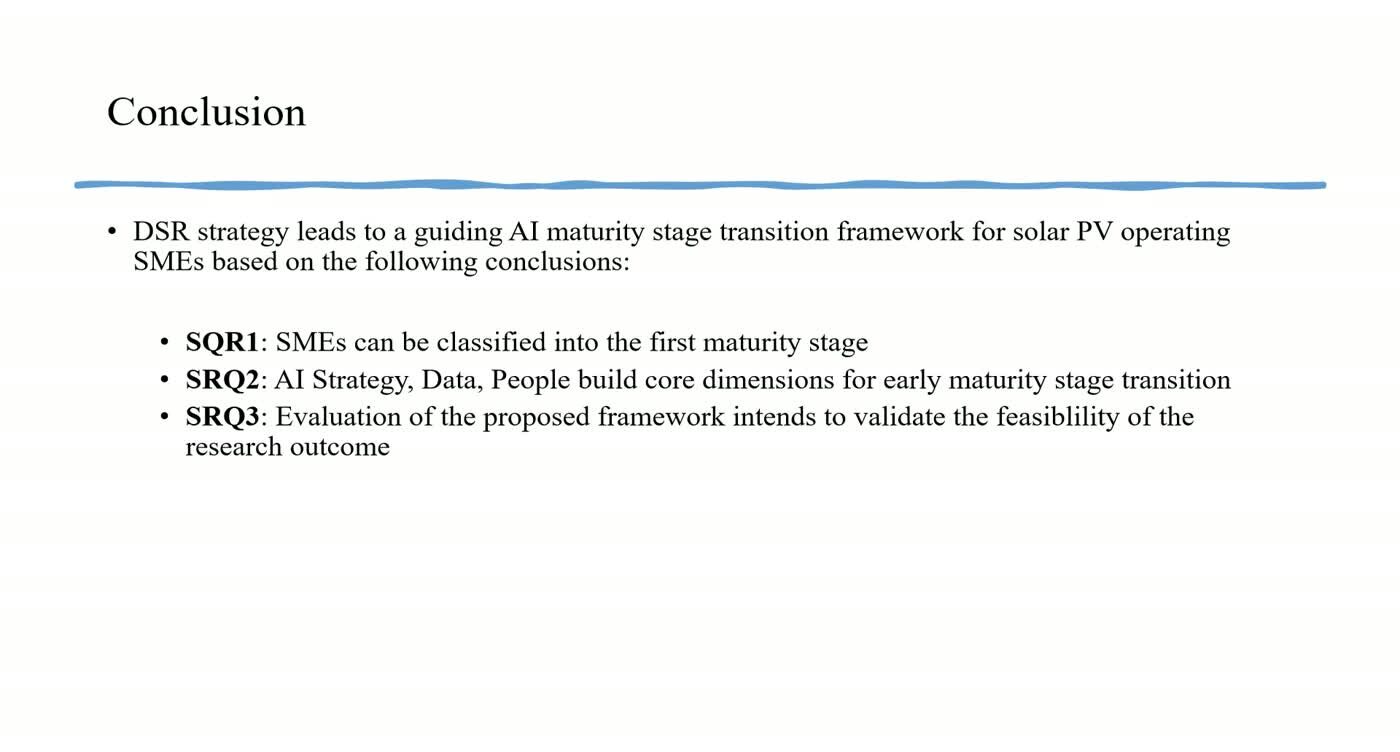 Conclusion slide summarising the answers to the three sub-questions and the guiding AI maturity stage transition framework.