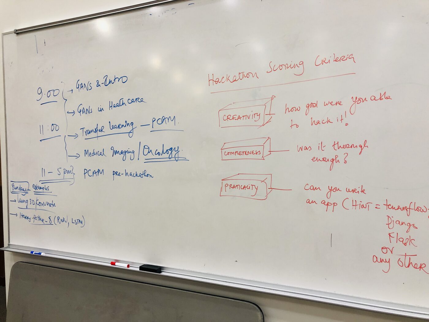 A whiteboard carrying the day's running order in blue and, in red, the hackathon scoring criteria: creativity, completeness and practicality.