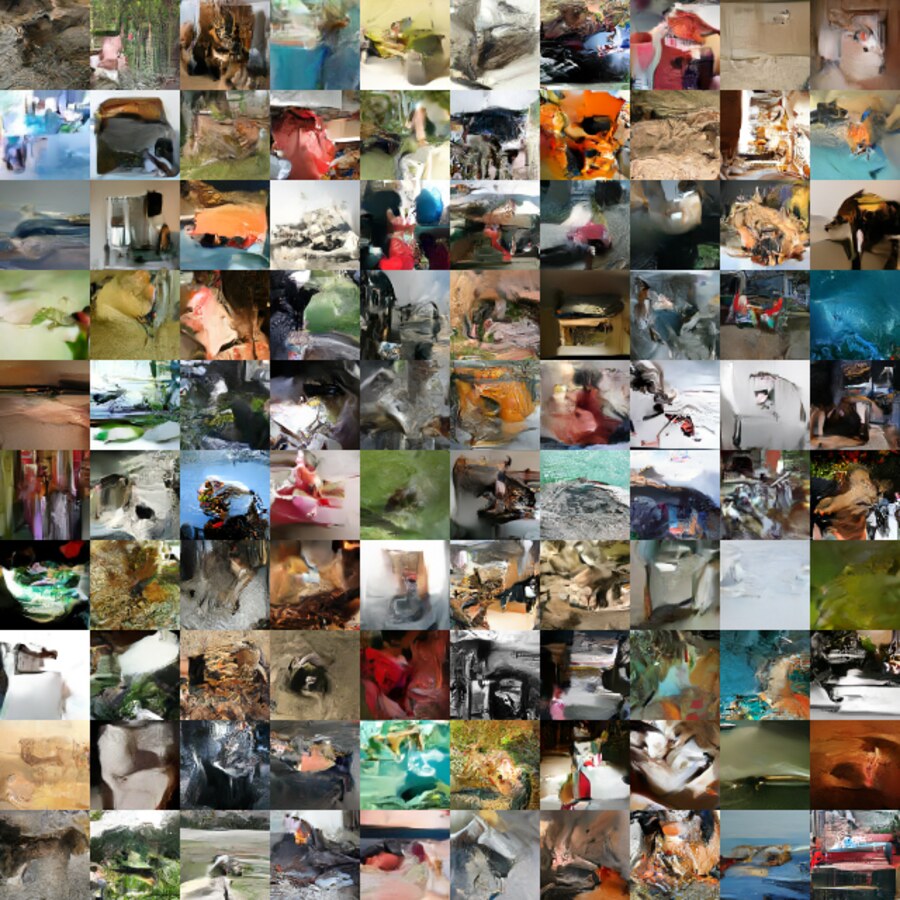 A grid of images sampled from the trained model, showing objects, animals and scenes at low resolution.